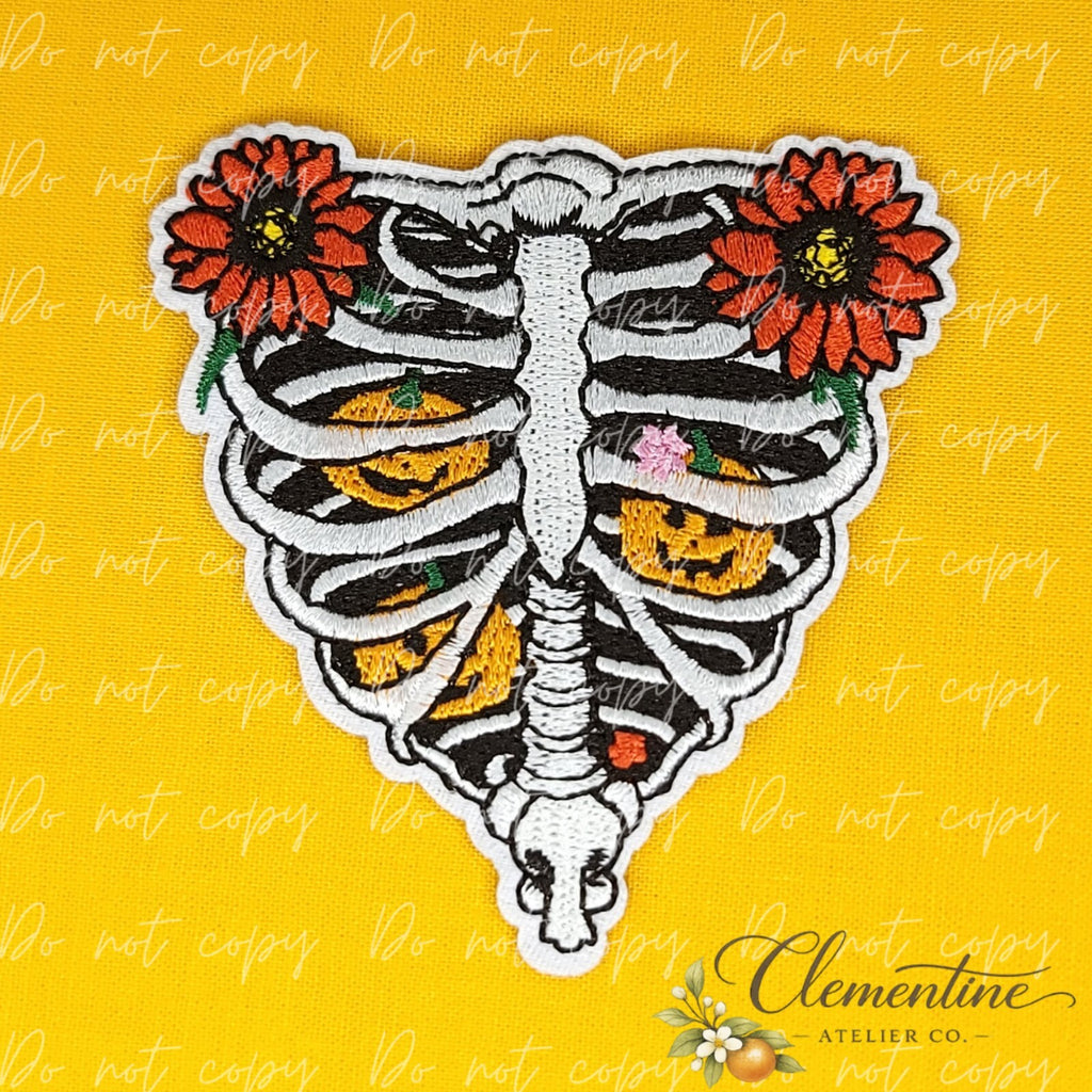 Rib Cage Pumpkin Flower| Halloween Patch | Small Iron-On Patch |  Hats, Clothing, Bags+