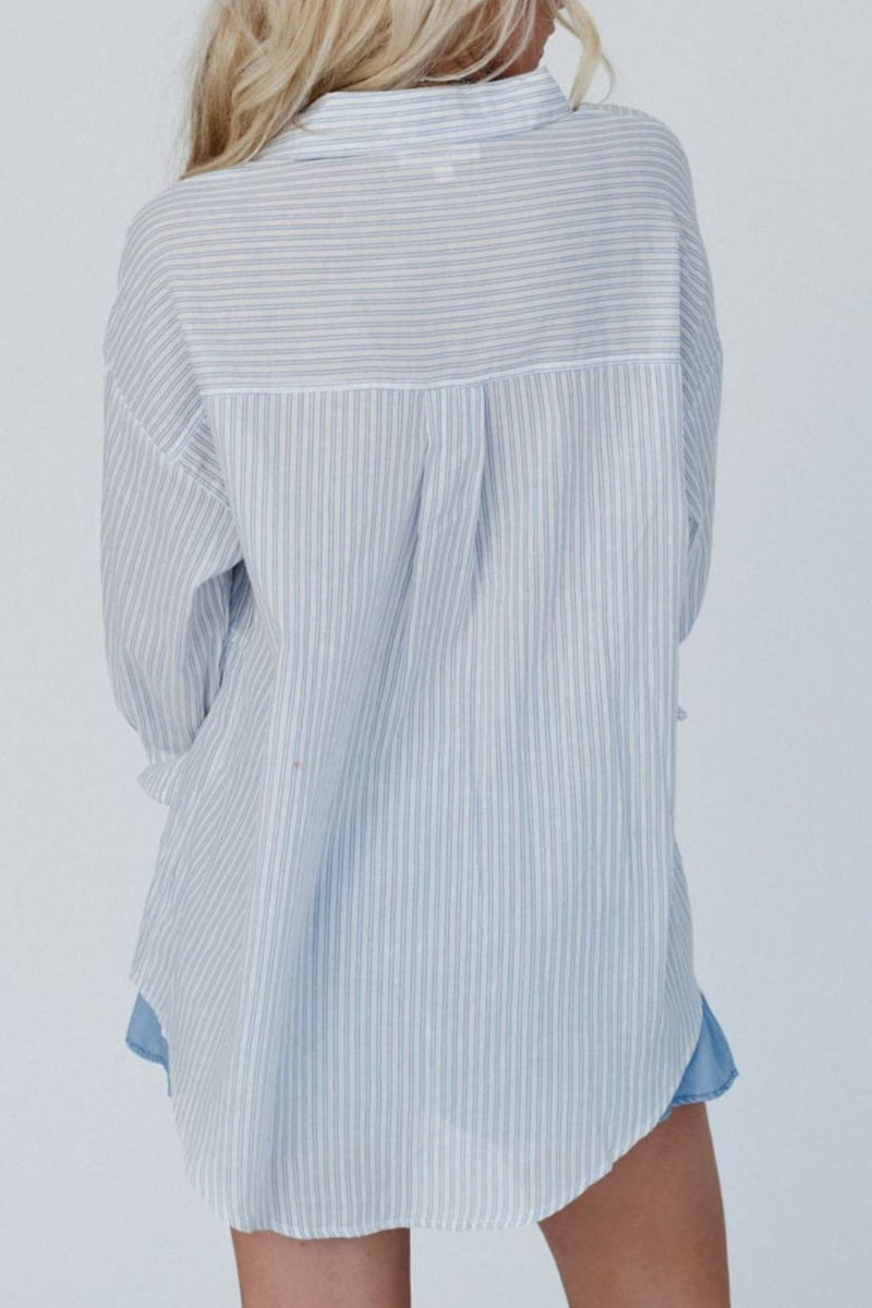 Hazel Blues® |  Frill Striped Collared Neck Long Sleeve Shirt
