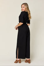 Hazel Blues® | Double Take V-Neck Tie Front Short Sleeve Slit Jumpsuit