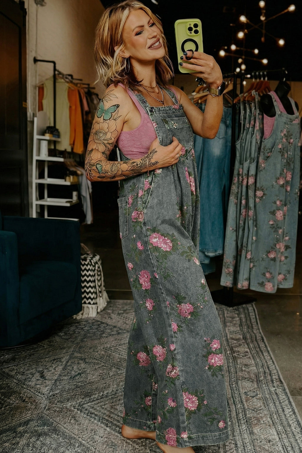 Gray Beau Floral-Print Pleated High-Waist Wide-Leg Denim Jumpsuit