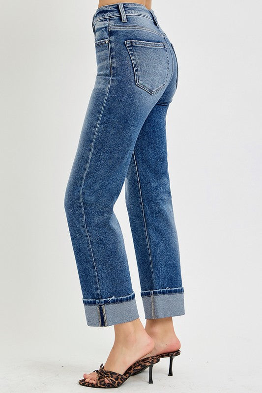 Hazel Blues® |  RISEN High Rise Crop Straight Roll Up Jeans