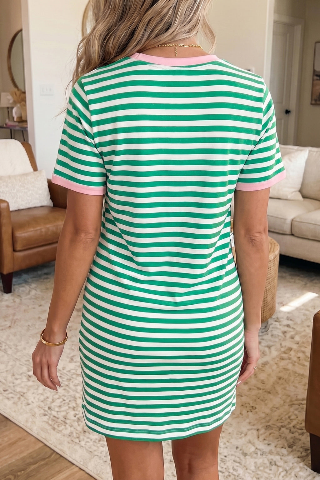 Adeline Jane Green Stripe Nautical Tie Contrast Trim Round Neck T-Shirt Mini Dress