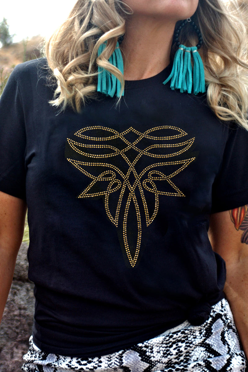 Hazel Blues® |  Black Rhinestone Western Pattern Cotton Blend Graphic T Shirt