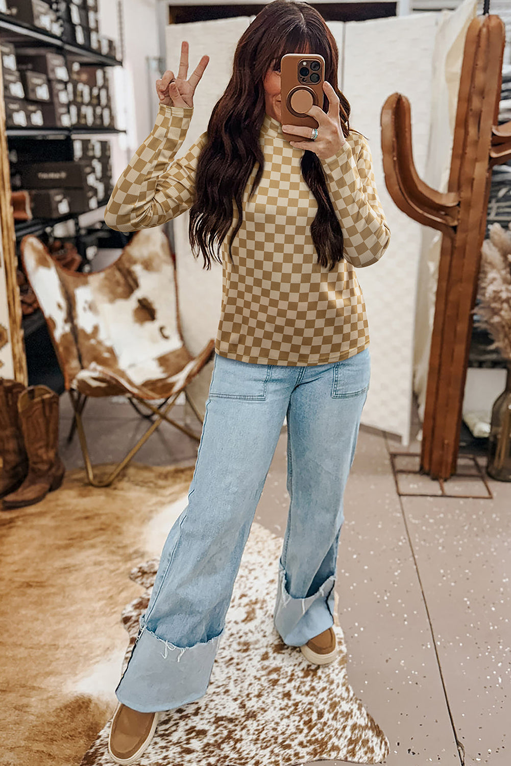 Hazel Blues® |  Khaki Check Pattern Turtleneck Ribbed Slim Long Sleeve Tee