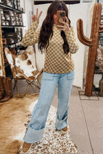 Hazel Blues® |  Khaki Check Pattern Turtleneck Ribbed Slim Long Sleeve Tee