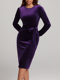 Hazel Blues® |  Round Neck Tie Waist Long Sleeve Velvet Dress