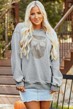 Hazel Blues® |  Light Grey Rhinestone Skull Graphic Drop Shoulder Sweatshirt
