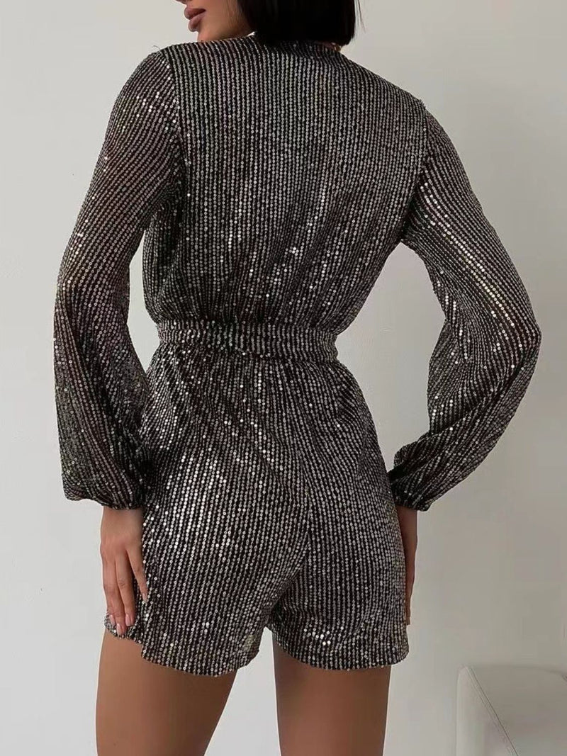 Hazel Blues® |  Sequin Surplice Tie Waist Long Sleeve Romper