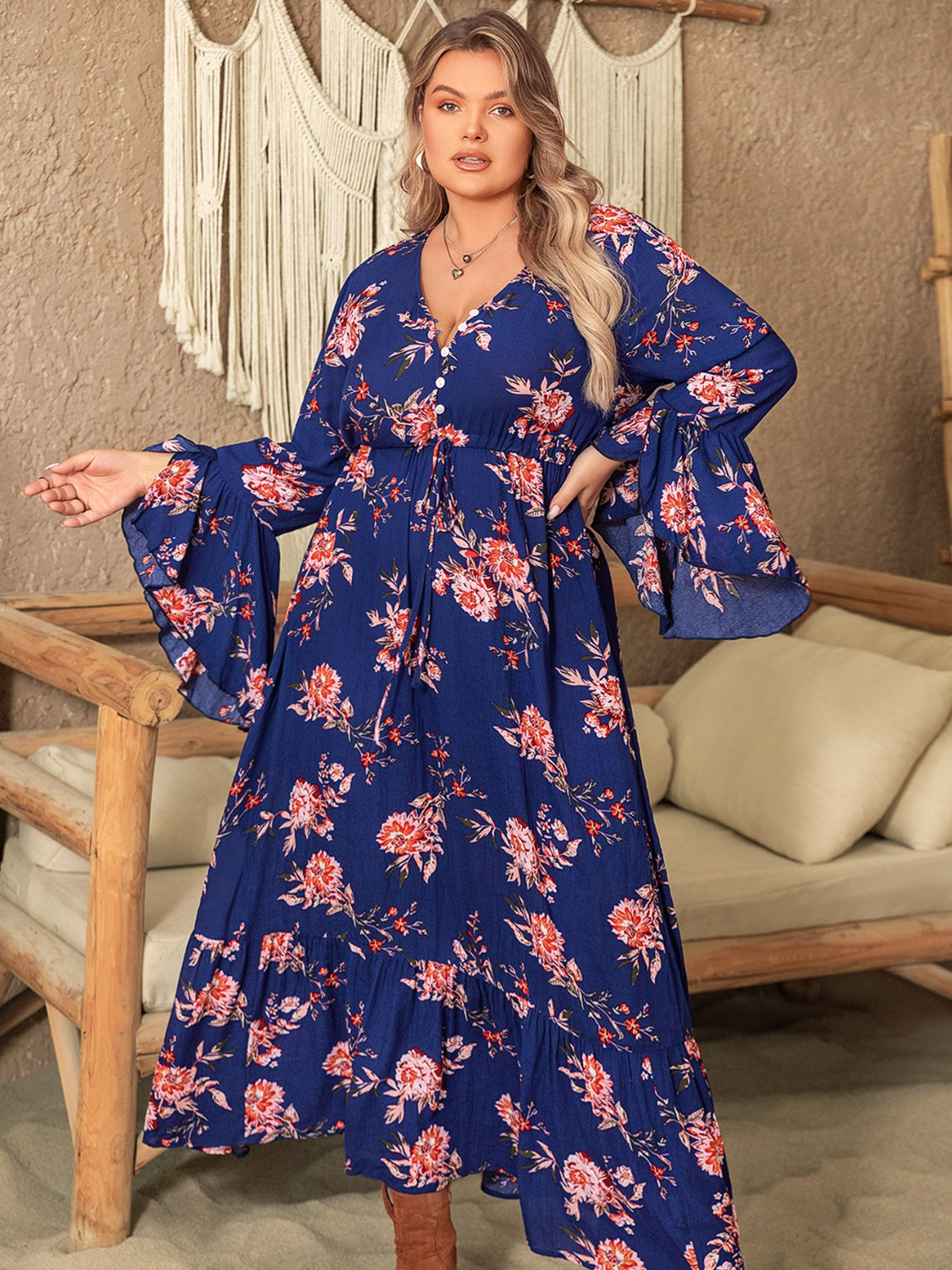 Hazel Blues® | Printed Half Button Flare Sleeve Dress