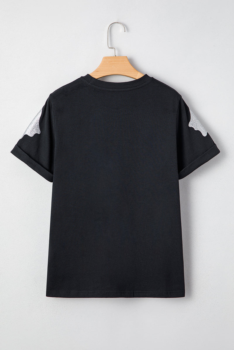 Hazel Blues® |  Black Glitter Ghost Pattern Crew Neck Halloween T Shirt
