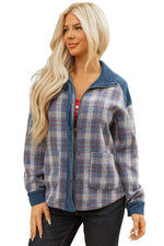 Hazel Blues® |  Gray Plaid Corduroy Patchwork Collared Zip Up Snap Button Jacket