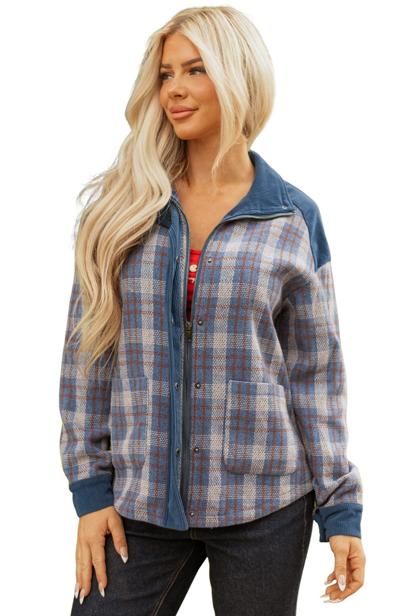 Hazel Blues® |  Gray Plaid Corduroy Patchwork Collared Zip Up Snap Button Jacket