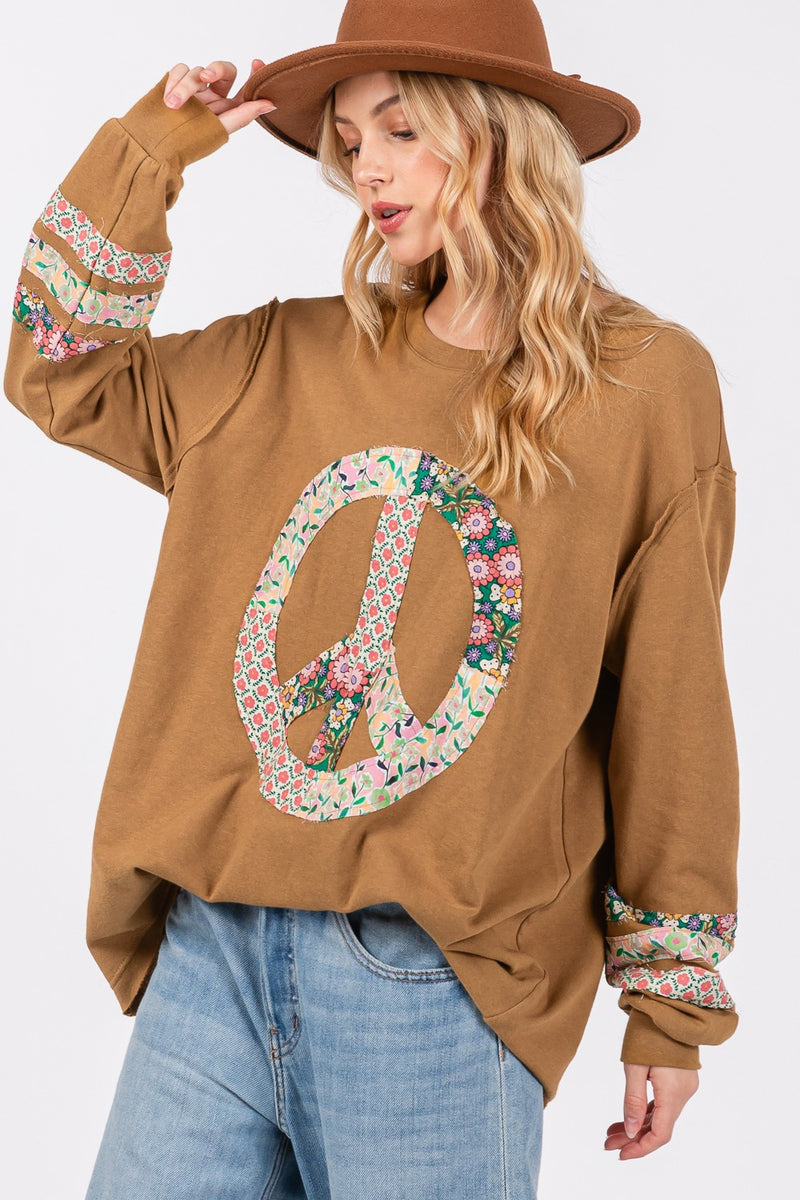 Hazel Blues® |  SAGE + FIG Peace Applique Patch Long Sleeve Top