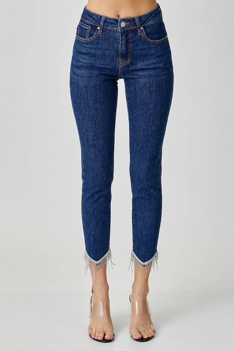 Hazel Blues® |  RISEN Embellished Mid Rise Crop Skinny Jeans