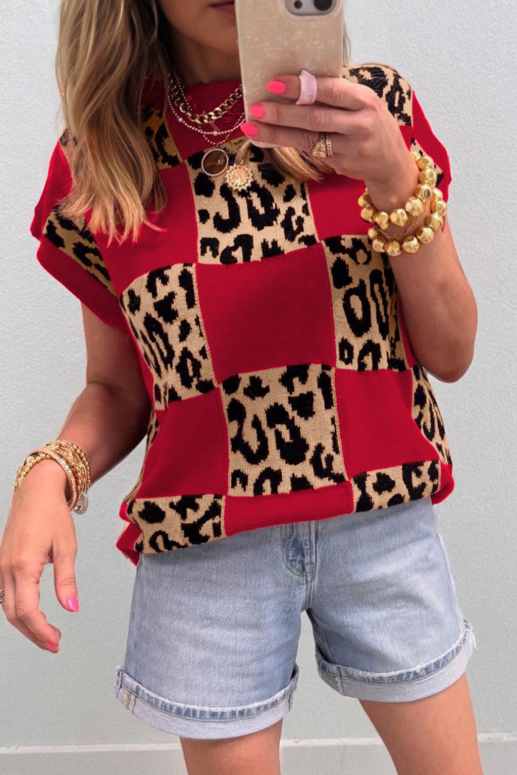 Black Leopard Checkerboard Short-Sleeve Knit Sweater