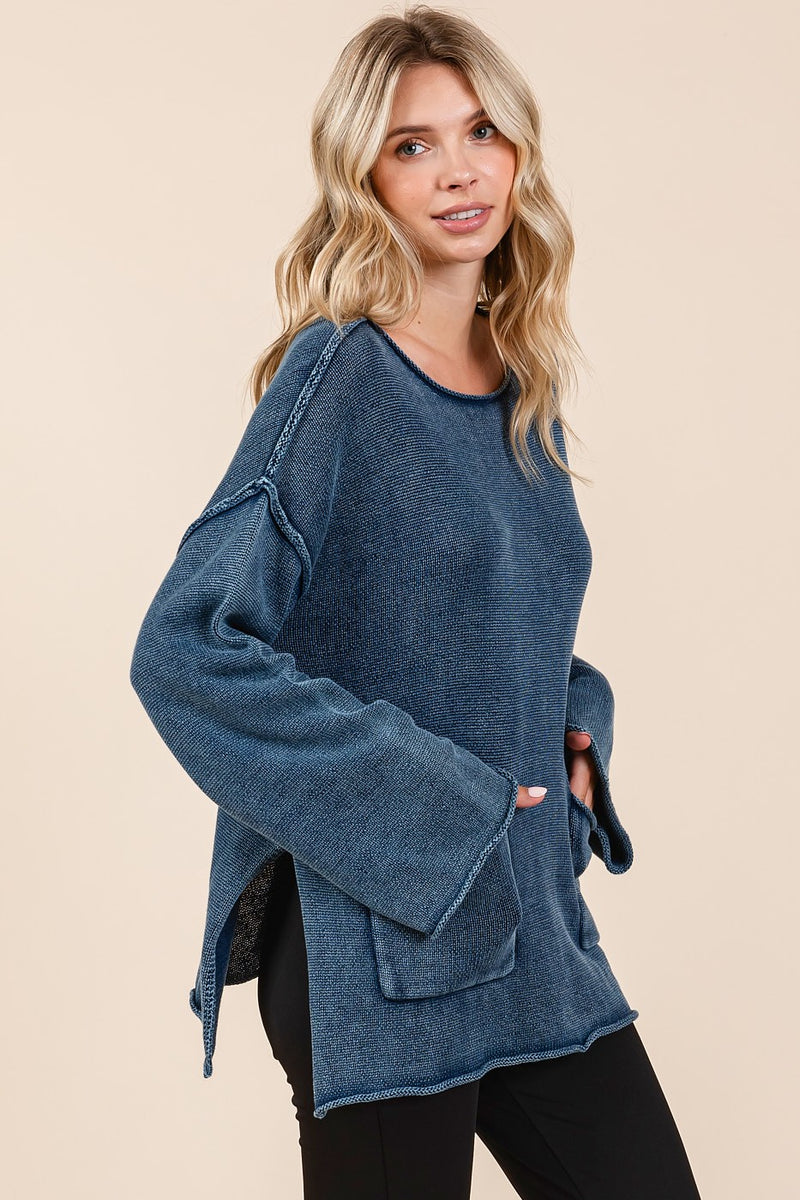 Hazel Blues® |  Mittoshop Mineral Wash Patch Pocket Cut Edge Sweater