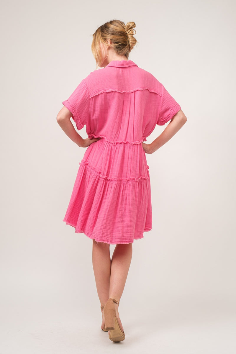 pink tiered shirt dress Tiered Raw Edge Washed Shirt Dress for Women Krush Kandy