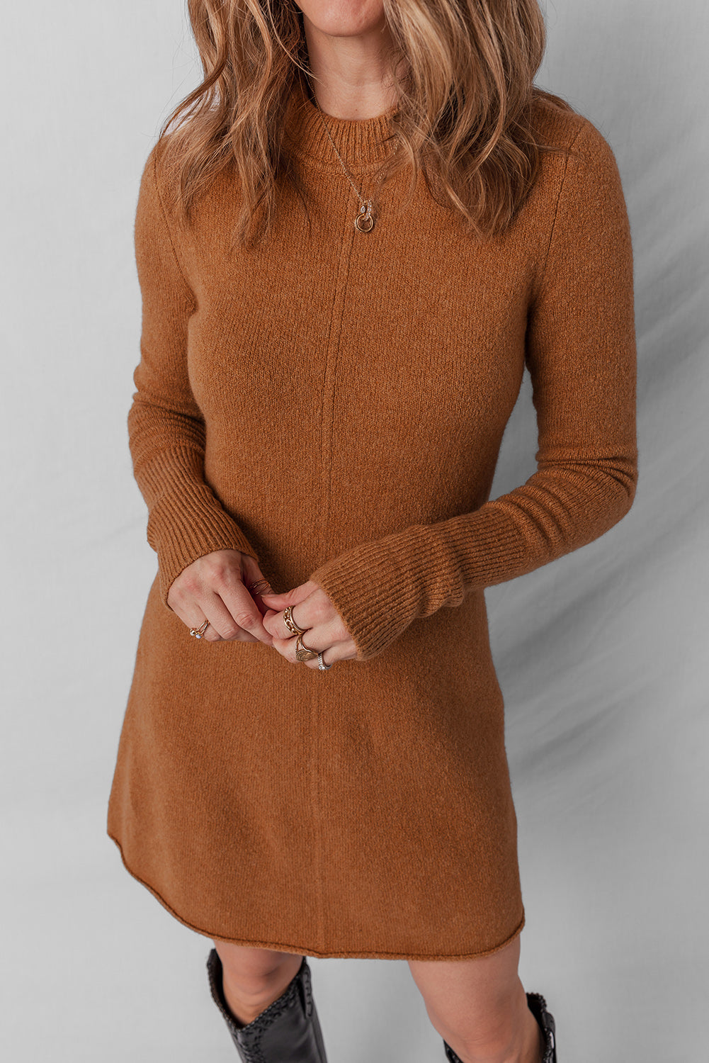 Hazel Blues® |  Straw Yellow Ribbed Detail Solid Color Mini Sweater Dress