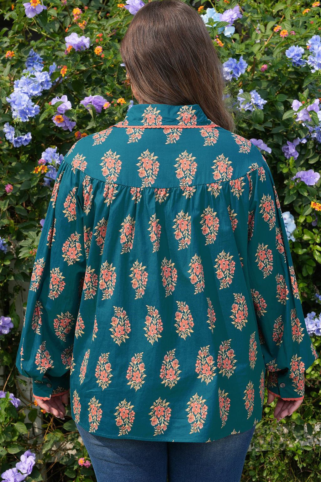 Green Floral-Print Contrast Lacy Trim Pleated Loose Shirt