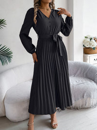 Hazel Blues® |  Pleated Tied V-Neck Long Sleeve Dress