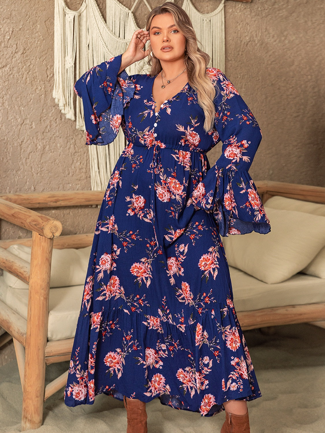 Hazel Blues® | Printed Half Button Flare Sleeve Dress