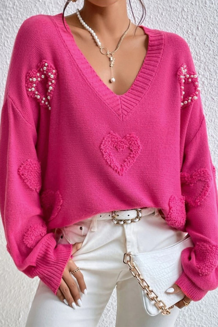 Hazel Blues® |  Pearl Trim Heart V-Neck Sweater