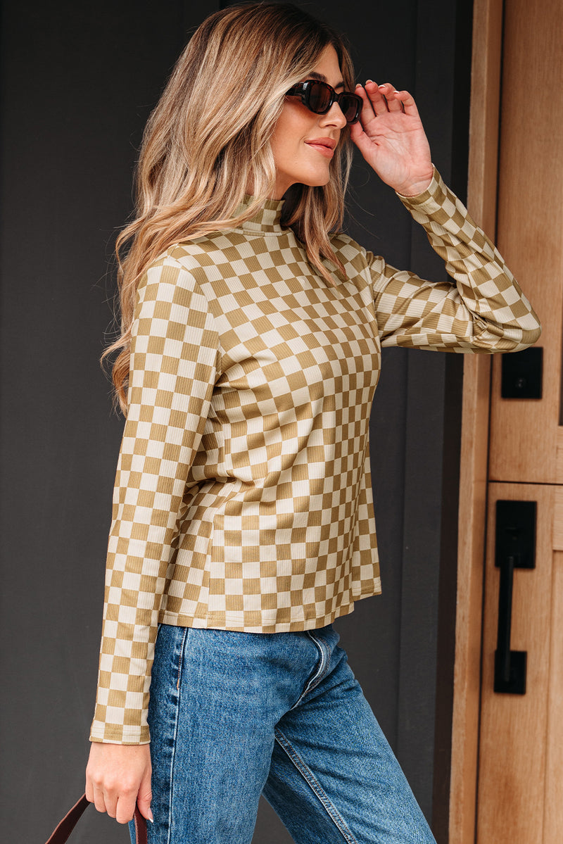 Hazel Blues® |  Khaki Check Pattern Turtleneck Ribbed Slim Long Sleeve Tee