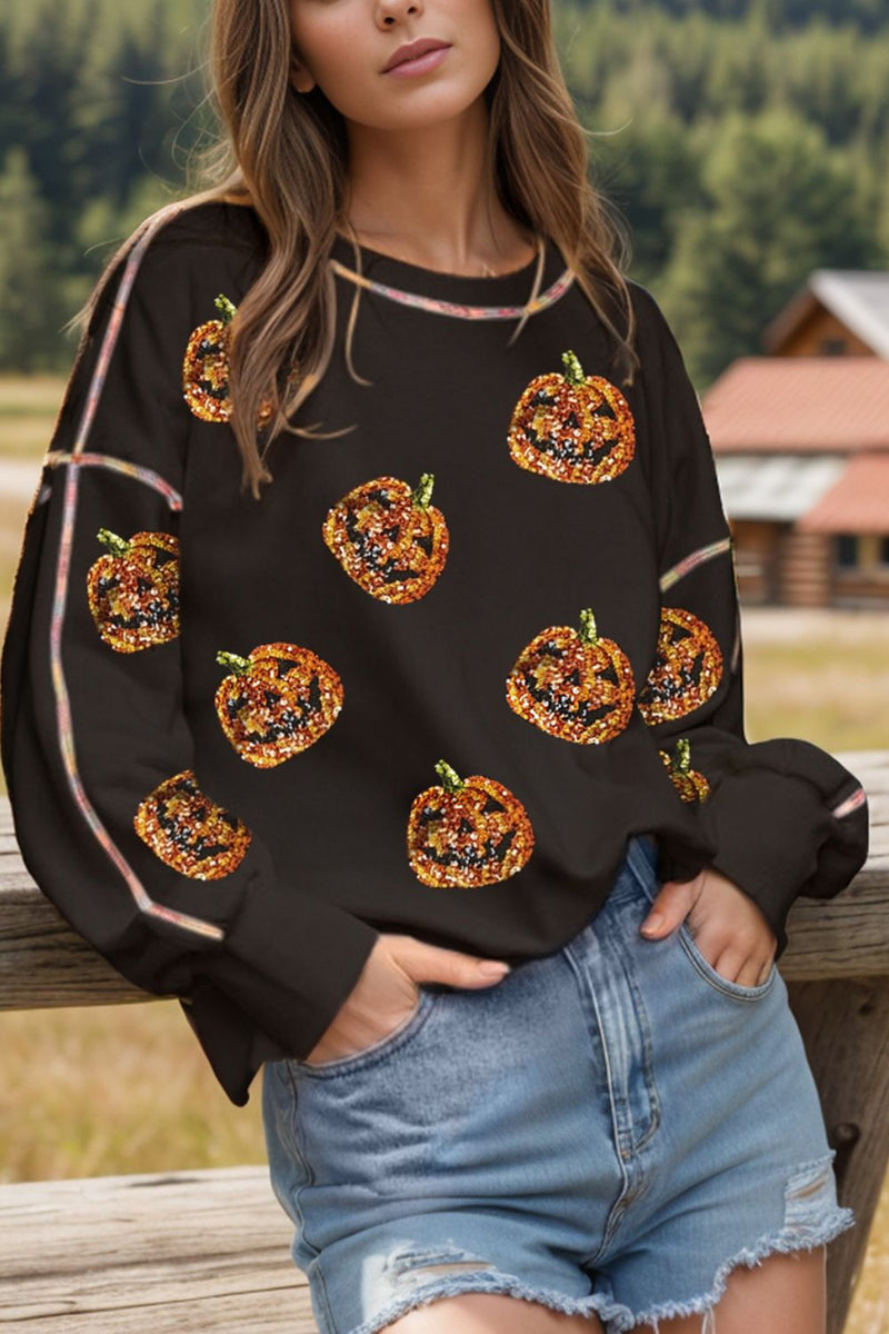 Hazel Blues® |  Sequin Pumpkin Round Neck Long Sleeve Sweatshirt