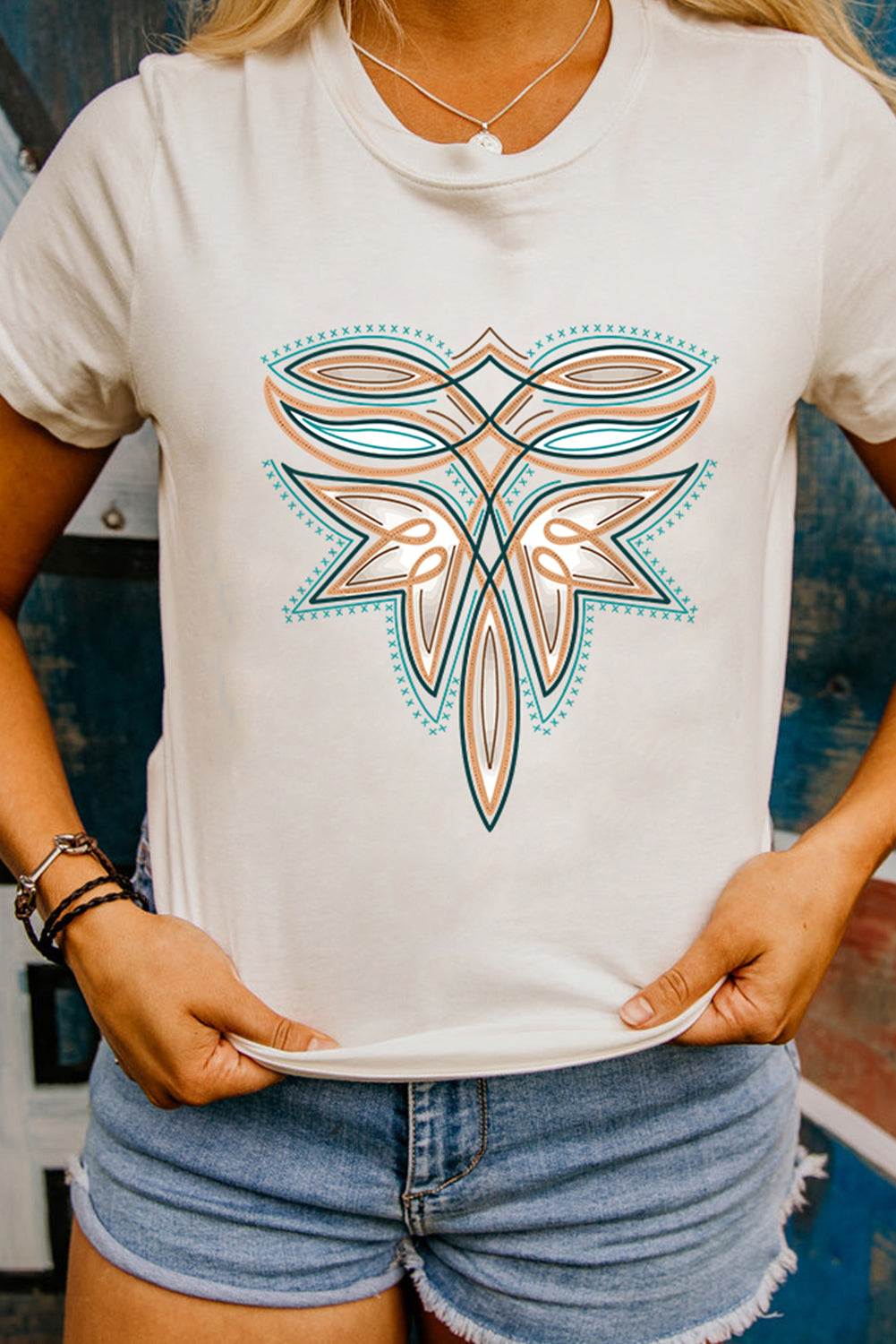 Hazel Blues® |  White Western Stitch Pattern Printed Cotton Blend Tee