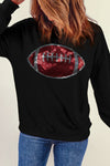 Hazel Blues® |  Black Rhinestone Football Pattern Crew Neck Pullover Sweatshirt