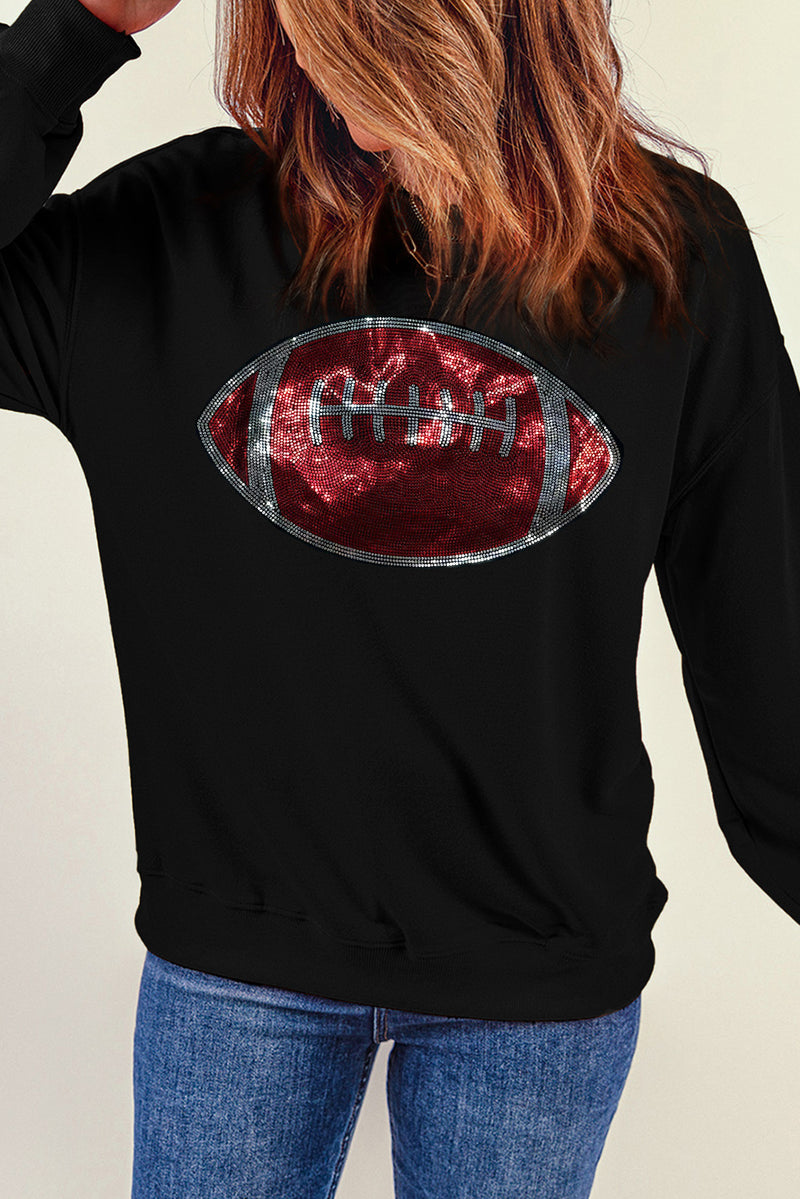 Hazel Blues® |  Black Rhinestone Football Pattern Crew Neck Pullover Sweatshirt