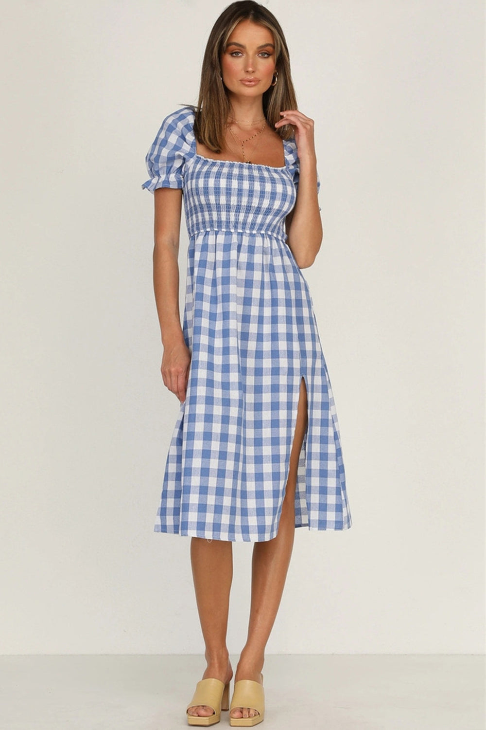 Hazel Blues® |  Slit Plaid Short Sleeve Midi Dress