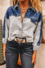 Hazel Blues® |  Dusk Blue Color Block Patchwork Flap Detail Distress Denim Jacket