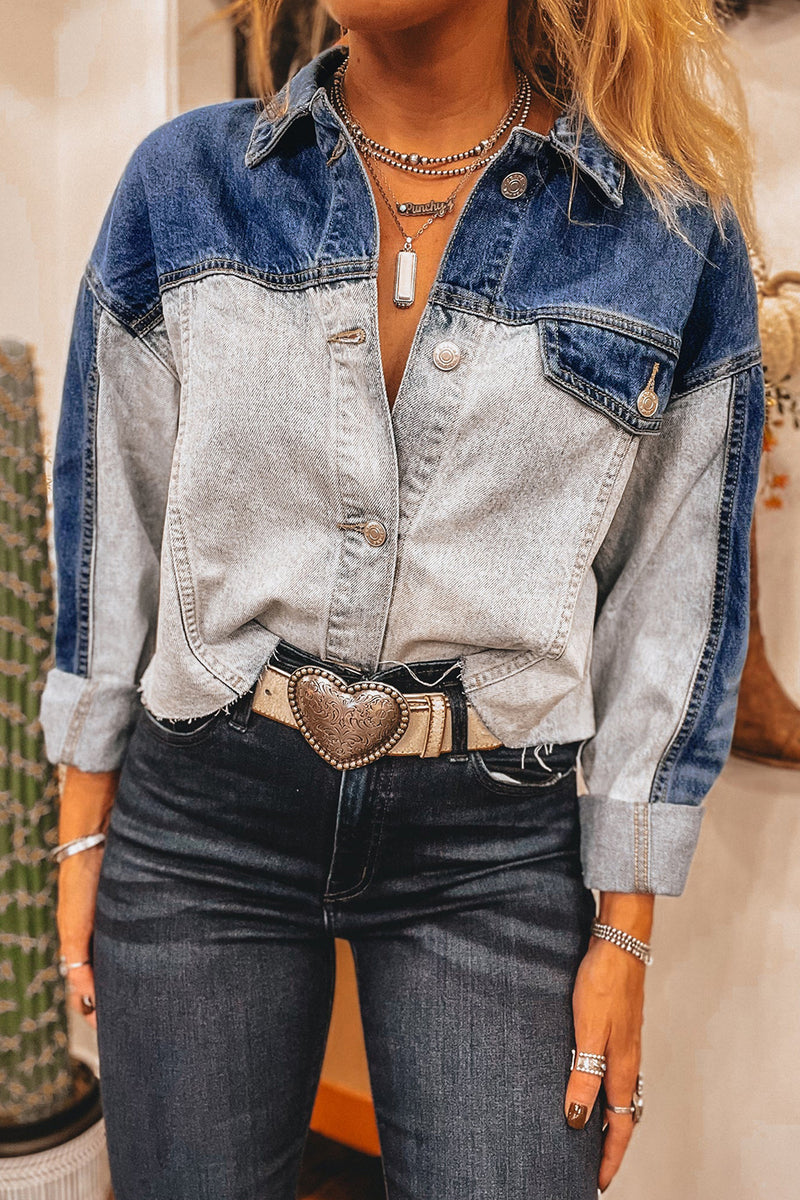Hazel Blues® |  Dusk Blue Color Block Patchwork Flap Detail Distress Denim Jacket