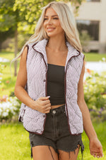 Hazel Blues® |  Brown Stripe Snap Button Scalloped Hem Collared Winter Vest