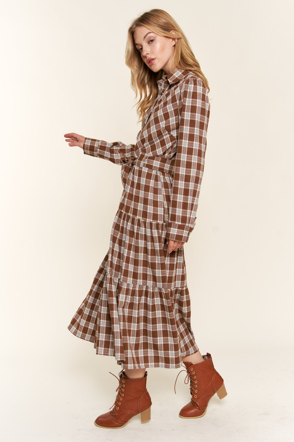 Hazel Blues® |  And the Why Plaid Tiered Midi Shirt Dress