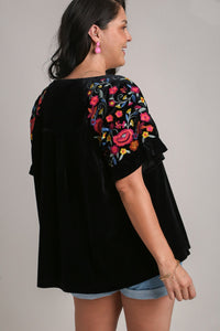 Hazel Blues® |  Umgee Velvet Embroidery Short Sleeve Blouse