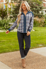 Hazel Blues® |  Gray Plaid Corduroy Patchwork Collared Zip Up Snap Button Jacket