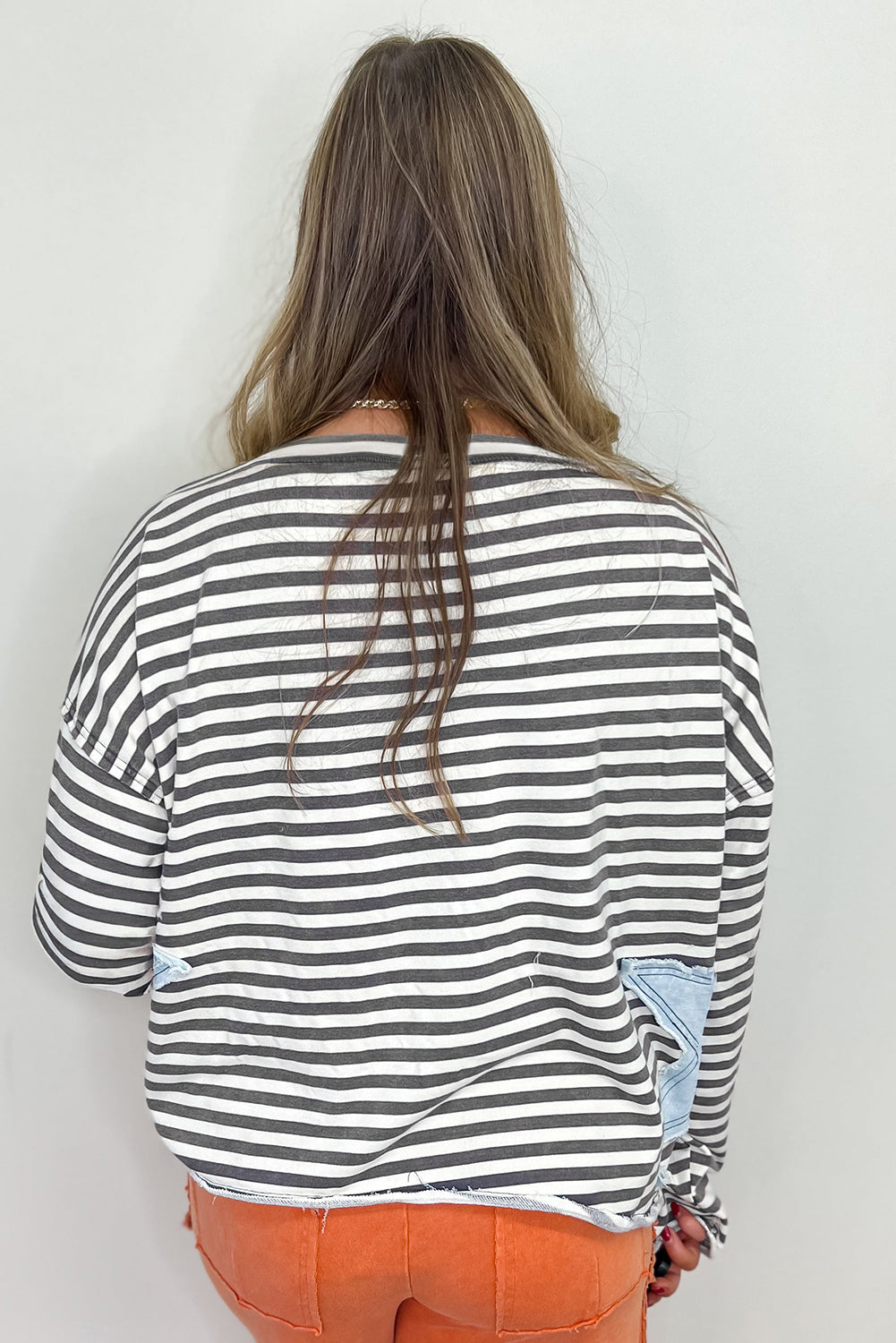 Hazel Blues® |  Gray Stripe Starry Patch Drop Shoulder Raw Edge Casual Knit Top