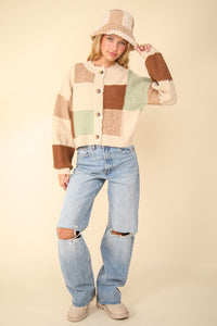 Hazel Blues® |  VERY J Color Block Button Down Textured Sweater Cardigan