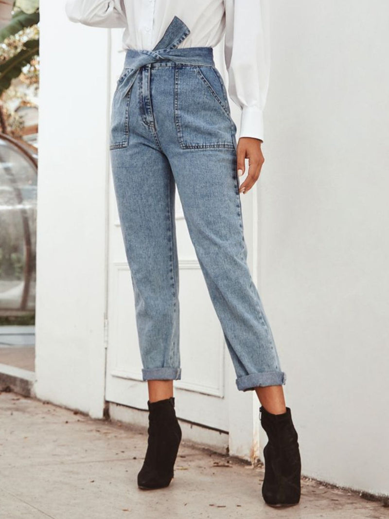 Hazel Blues® |  Tied Straight Leg Jeans with Pockets