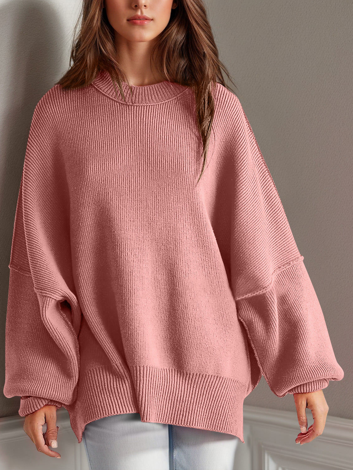 Hazel Blues® |  Double Take Side Slit Round Neck Long Sleeve Sweater