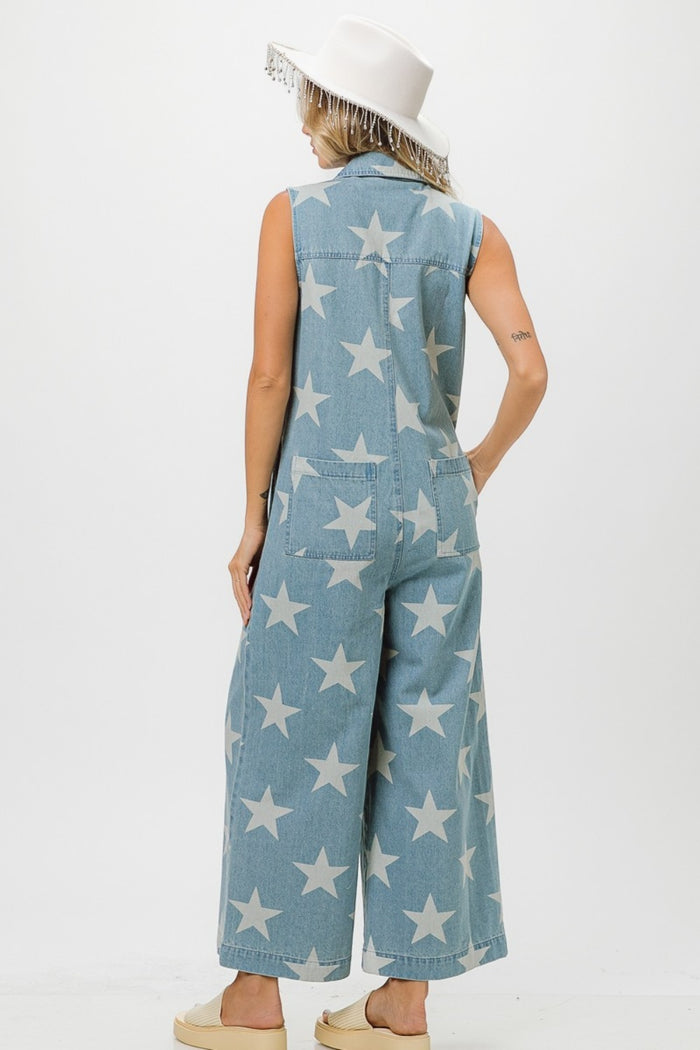 Hazel Blues® |  BiBi Star Print Half Zip Sleeveless Denim Jumpsuit