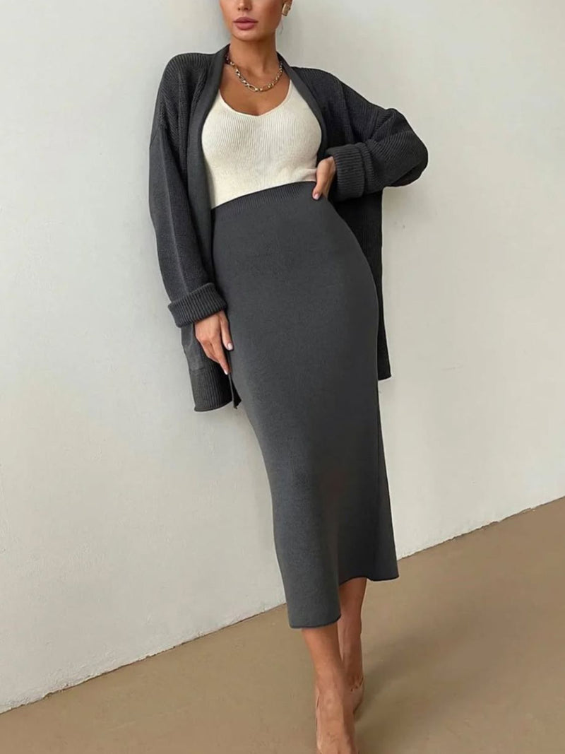 Hazel Blues® |  Pocketed Long Sleeve Cardigan and Skirt Sweater Set