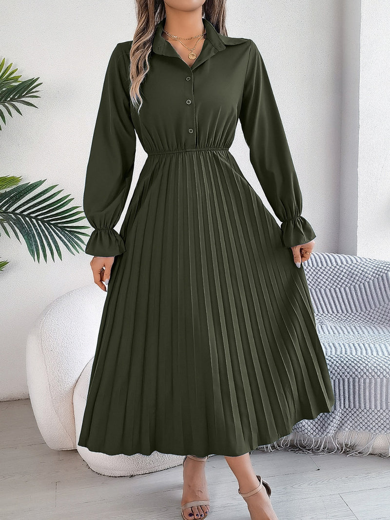 Hazel Blues | Pleated Half Button Long Sleeve Midi Dress Hazel Blues | Pleated Half Button Long Sleeve Midi Dress