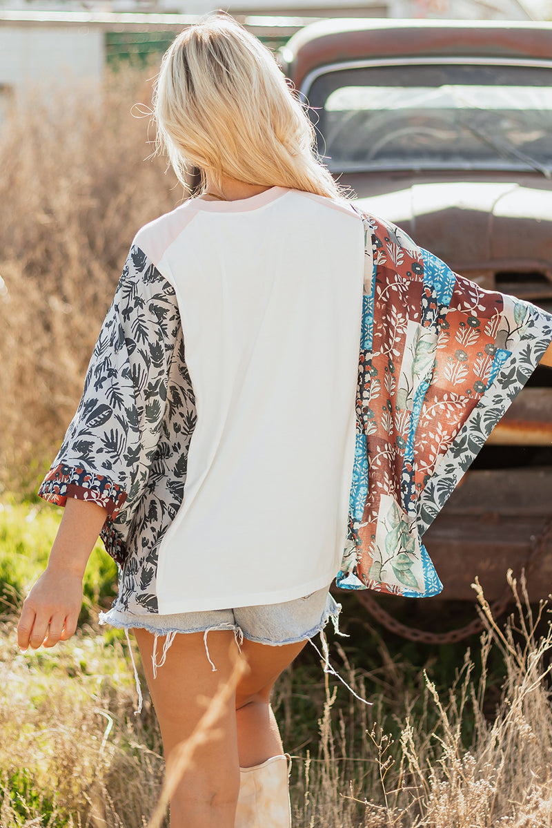 Hazel Blues® |  Multicolour Asymmetric Printed Patchwork Sleeve Peace Desert Graphic Top