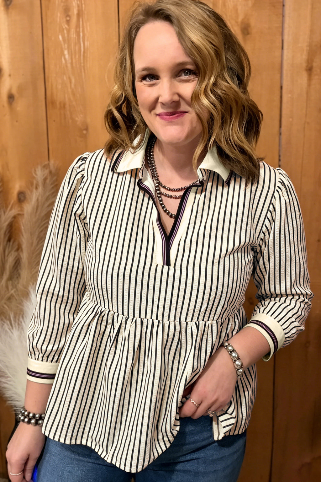 Main Character Striped V-Neck Blouse