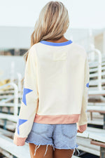 Hazel Blues® |  Beige Sequin Football Graphic Starry Patched Contrast Trim Game Day Sweatshirt