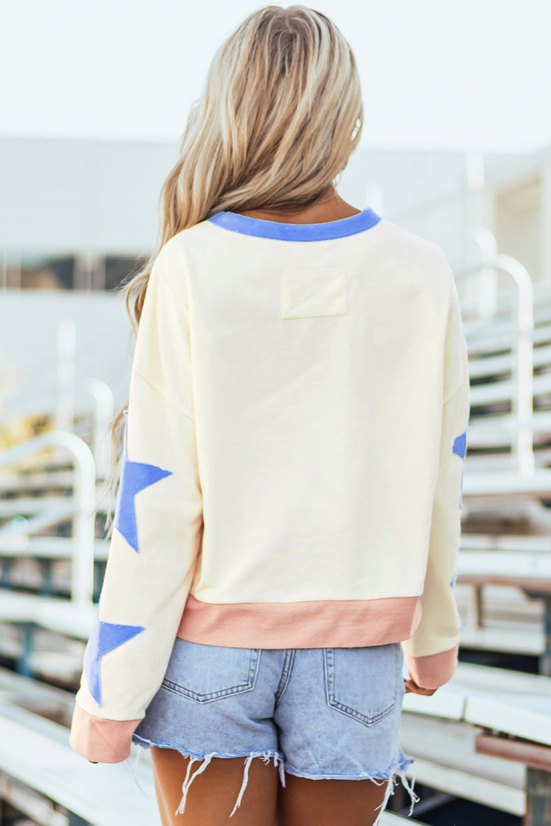 Hazel Blues® |  Beige Sequin Football Graphic Starry Patched Contrast Trim Game Day Sweatshirt