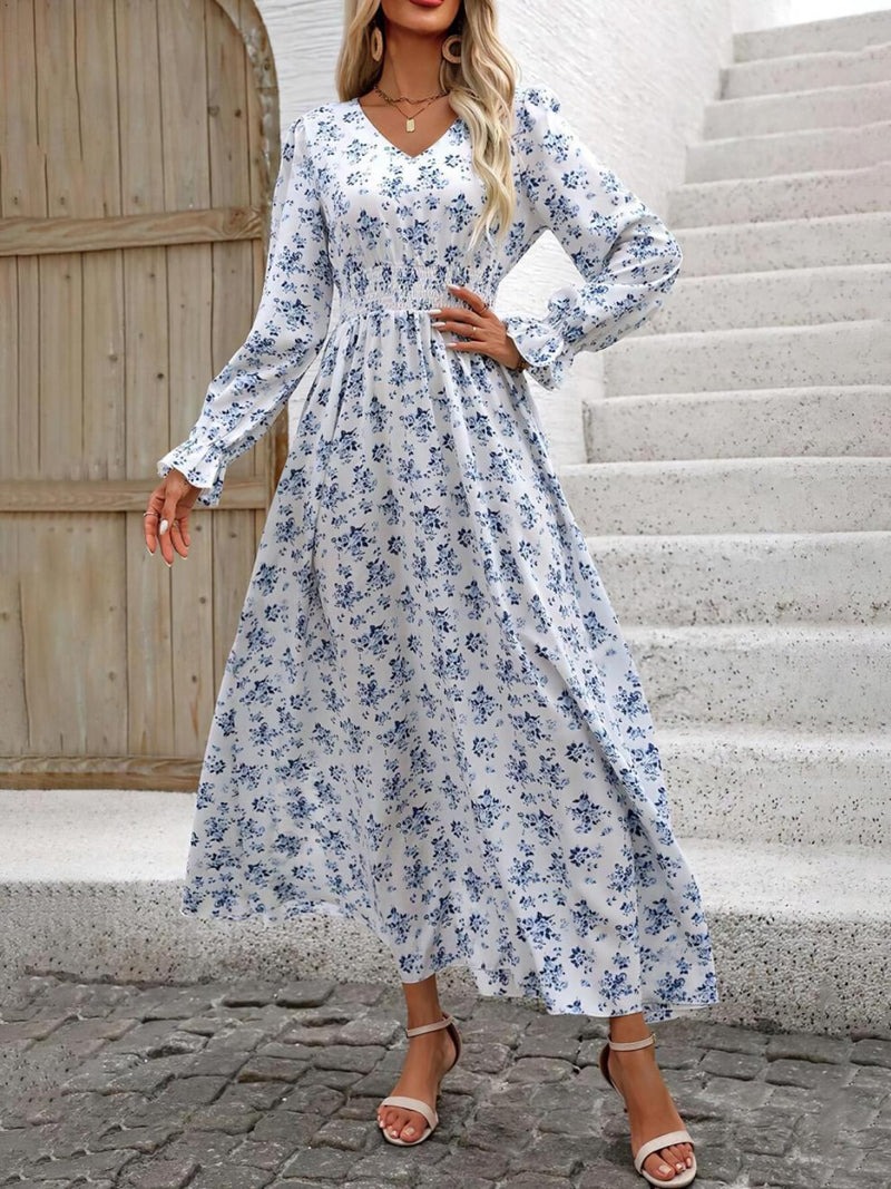 Hazel Blues® |  Smocked Printed V-Neck Flounce Sleeve Dress